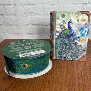 Kirkland Peacock Feather Wired Ribbon approx 50 yards & 20 Peacock notecards New